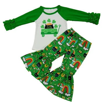 

children clothing set infant clothes baby girl kid St. Patrick's style outfit full print top and bell bottom pant outfit clothes