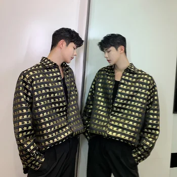

Men Golden Elephant Long Sleeve Shirt Male Vintage Fashion Streetwear Hip Hop Loose Business Casual Shirt Stage Show Dress Shirt