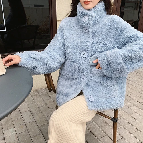 tcyeek Sheep Shearling Real Fur Coat Winter Jacket Women Wool Coats and Jackets Women Clothes Korean Long Jacket W2135 - Цвет: Blue