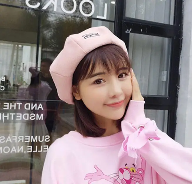 LJCUIYAO женские милые однотонные теплые шерстяные Зимний берет модная новая шапка берет Женская шапка черная розовая шапочка шапки весна осень - Цвет: M204 Letter Pink