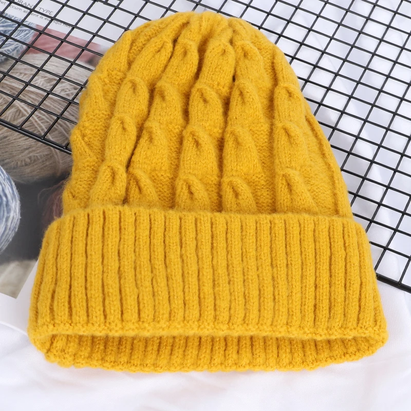 Yellow Новинка, Зимняя женская шерстяная вязаная шапочка, Женская однотонная модная повседневная шапка, теплая мягкая утолщенная шапка, женская шапка - Цвет: Yellow