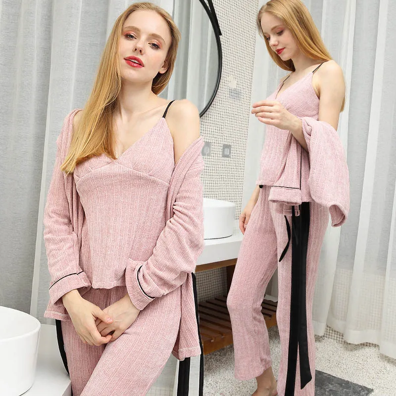 Женский пижамный комплект, золотой бархат, 3 предмета, пижама, сексуальный халат, Повседневная Пижама с длинным рукавом, домашняя одежда, Женское ночное белье, Pyajamas