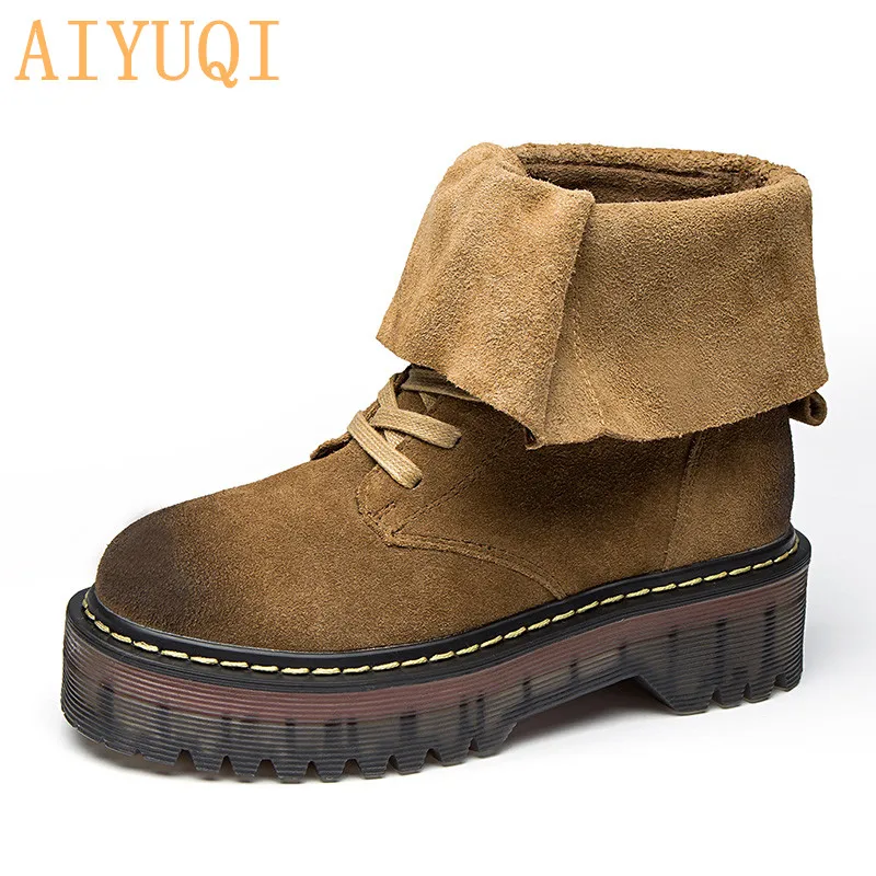 AIYUQI; Новинка года; сезон осень; женские Ботинки martin из натуральной кожи; ботинки на платформе, визуально увеличивающие рост; ботильоны для женщин с круглым носком - Цвет: brown single