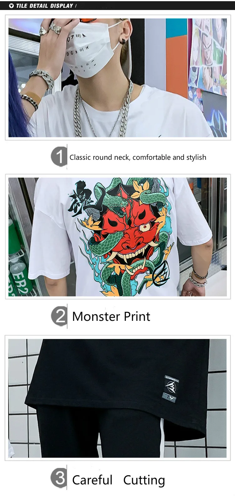 VOGUELEO Япония Стиль футболка Для мужчин с принтом монстров летний топ веселое Harajuku змея Bbck рубашки для мальчиков шорты в стиле хип-хоп Уличная летняя