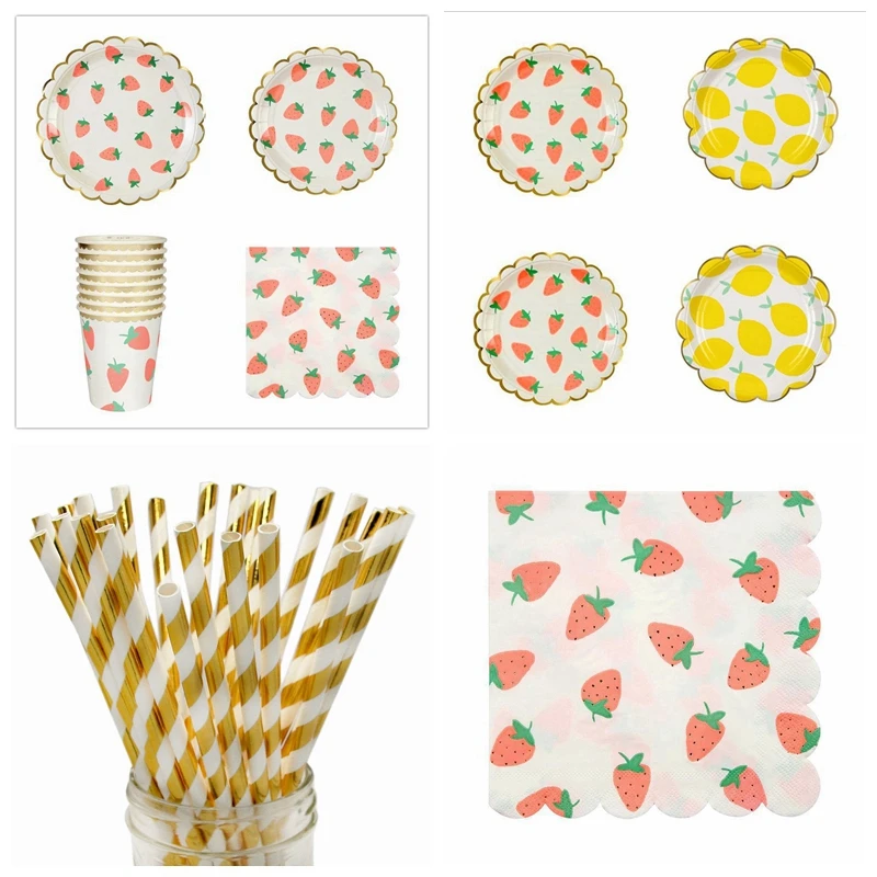 

New Fruit Pink Strawberry Paper Plate Paper Cup Tissue 7 Inch 9 Inch Bronzing Disc Disposable Party Tableware Set