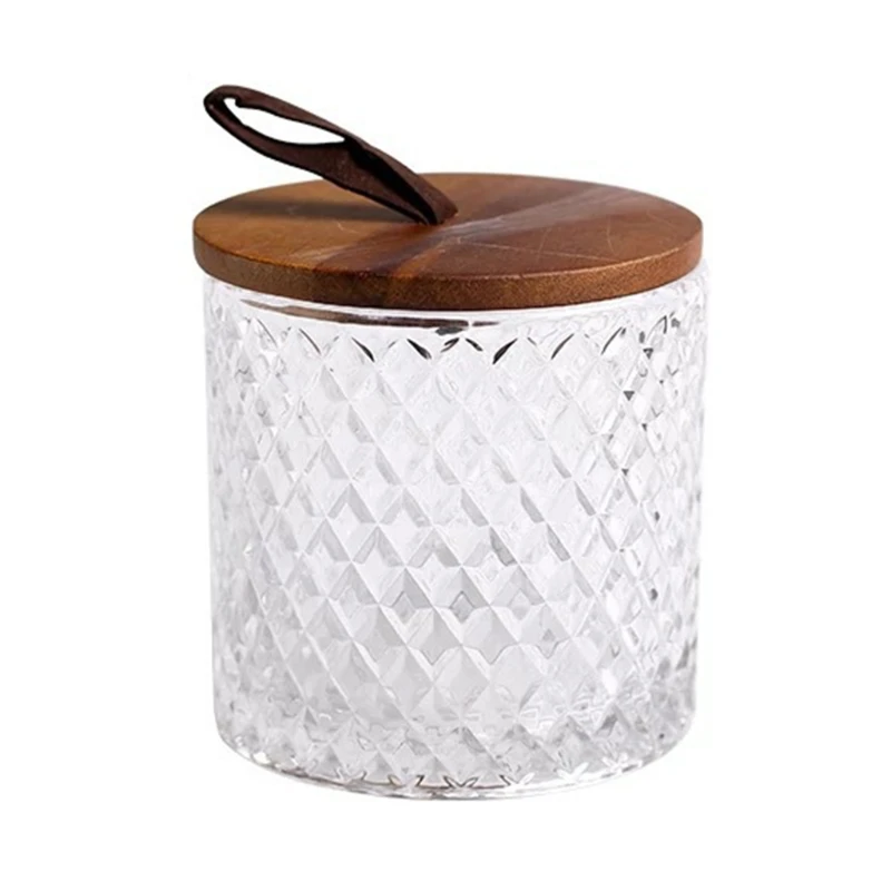 55KF Diamond Pattern Glass Jar with Wooden Lid Handle Coffee Storage Tank Tea Spice Clear Bottle Can Food Kitchen Container | Дом и сад