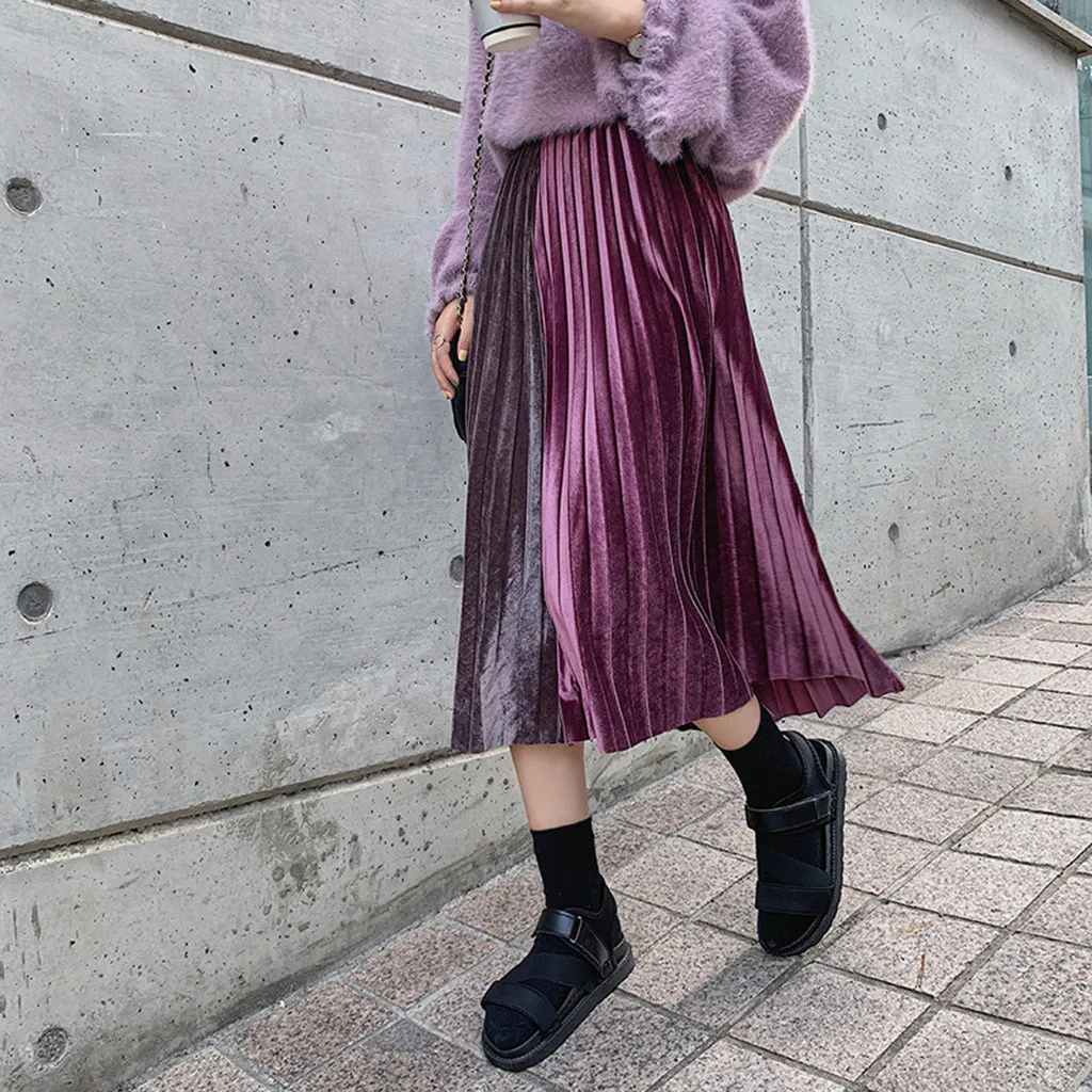 KLV/Для женщин юбка faldas mujer moda חצאיות Весна высокого с эластичной талией Золотая бархатная кружевная плиссированная юбка