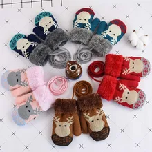 Детские шерстяные вязаные плотные рождественские бархатные зимние теплые перчатки для мальчиков и девочек митенки Детские хлопковые перчатки с рисунком оленя