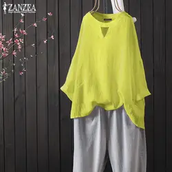 Женская блуза Rullfe 2019 ZANZEA Повседневная полый Blusas женская рубашка с рукавом 3/4 женское Плиссированное Платье-туника плюс Размер льняные Топы