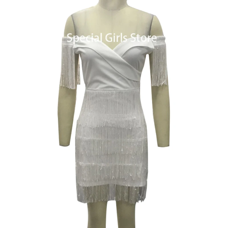 Однотонное дизайнерское платье с открытыми плечами и кисточками, женские белые мини-платья с кисточками, Сексуальные клубные вечерние платья vestidos