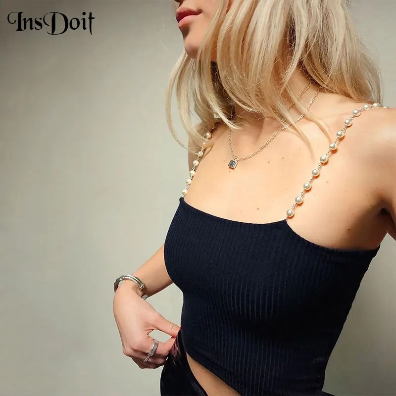 Insdoit Harajuku Black Bodycon Crop Tank Top Streetwear Gothic Spaghetti Straps Backless Camisole Pearl Straps Casual Sexy Camis Camis Aliexpress