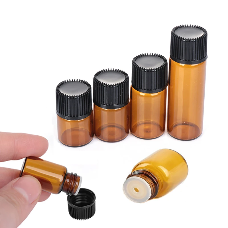 10Pcs glass bottle 1ml 2ml 2.5ml 5ml Amber Glass Vials, Mini Essential Oil Bottles with Orifice Reducer & Black Plastic Cap 5