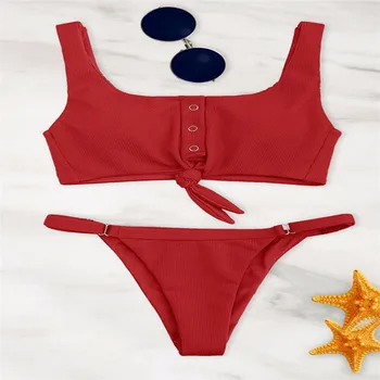 

2020 Women Sexy Bikini Set Ladies Swimsuit Solid Bikini Backless Swimwear Low Waist Bathing Suit Button Female Brazilian Biquini