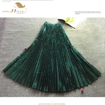 

SISHION Elegant Women Long Skirt WF0082 High Waist Dark Green Pleated Skirt High Quality Ladies Party Swing Bling Sequins Skirts