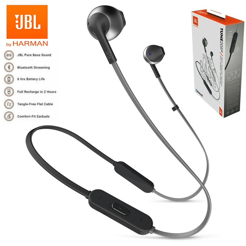 Original JBL T205BT Wireless Bluetooth Earphone Earbuds Sports Pure Deep Bass Headset for Game music iOS Android Hands free