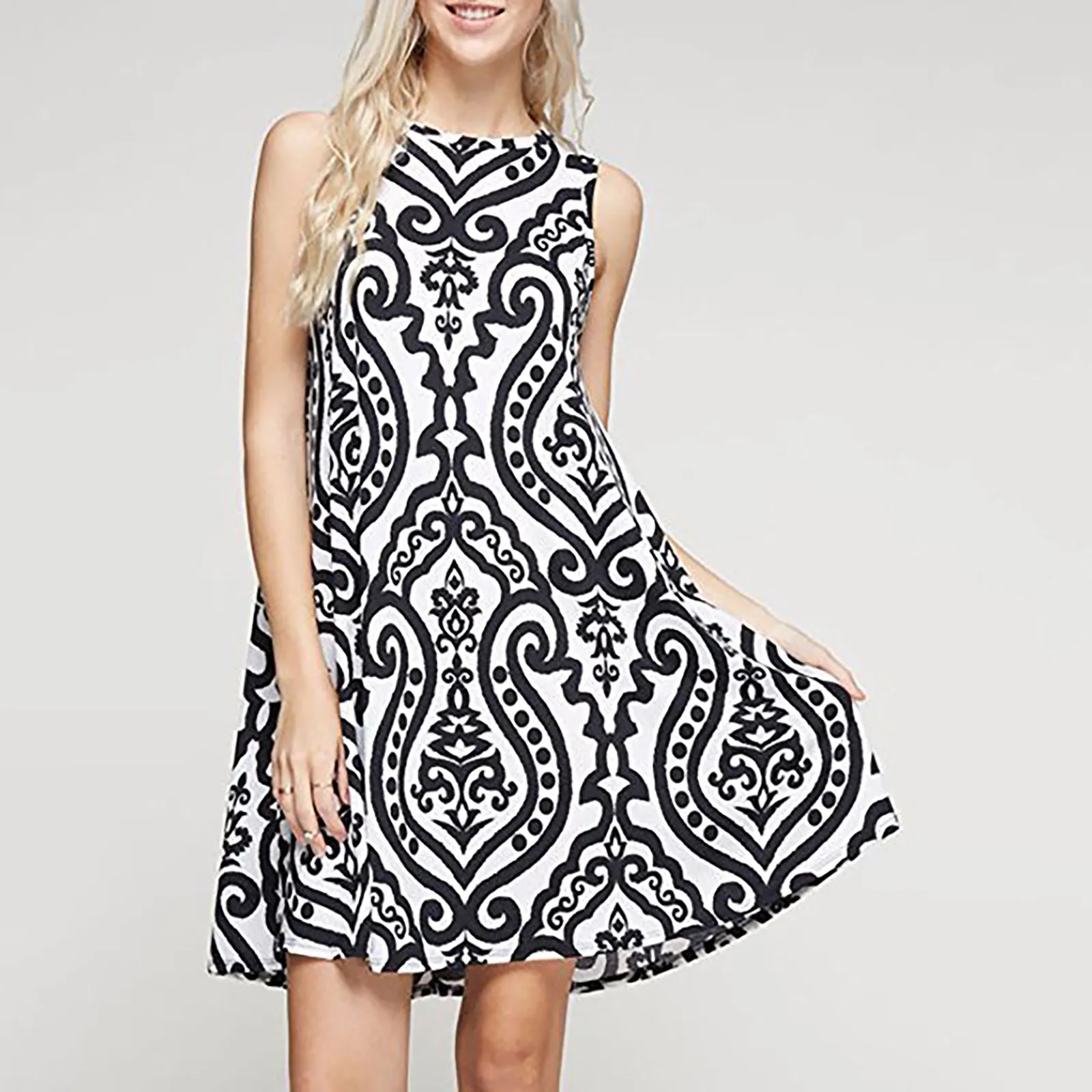 2021 Summer Women's Fashion Bohemia Casual Grain Printed Sleeveless Loose O-neck Pocket Party Club Dress Sundress Vestidos 1