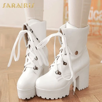 

Sarairis Brand New Square High Heels Platform Lace Up Dropship Large Sizes 43 Winter Shoes Women Ankle Boots Motorcycles Boot