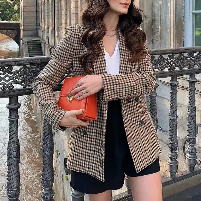 Fall 2022 women blazer jacket ladies tops office wear women korean plaid  blazer vintage orange long