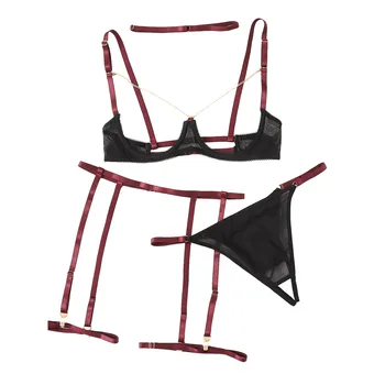 

S-XL Porno Sexy Lingerie Plus Size Women Costumes Mesh Bandge Set Erotic Babydoll Feminina Langerie Sleepwear Bra+Garter+Briefs