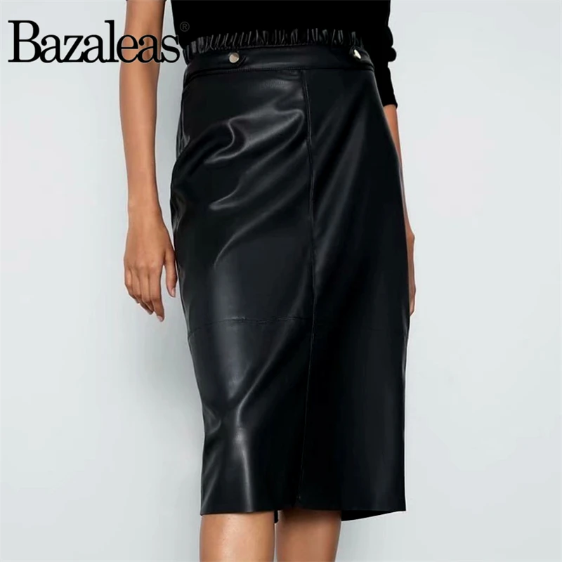 

Bazaleas Basic Office PU leather women midi skirt Fashion zipper fly paperbag waist Skirts front split female stylish casual