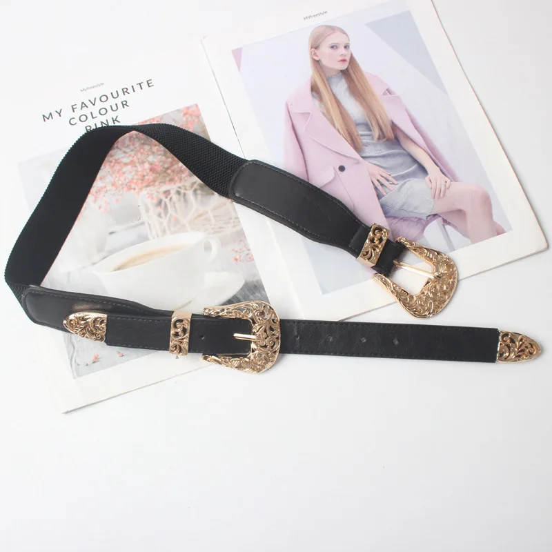 Fashion Design Waistband Solid Hollow Metal Engraved Double Buckle Leather Belt Female Vintage Causal Belt For Women ZK108