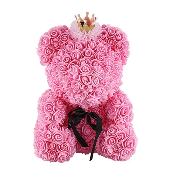 

40Cm Teddy Bear With Crown In Gift Box Bear Of Roses Artificial Flower New Year Gifts For Women Valentines Gift