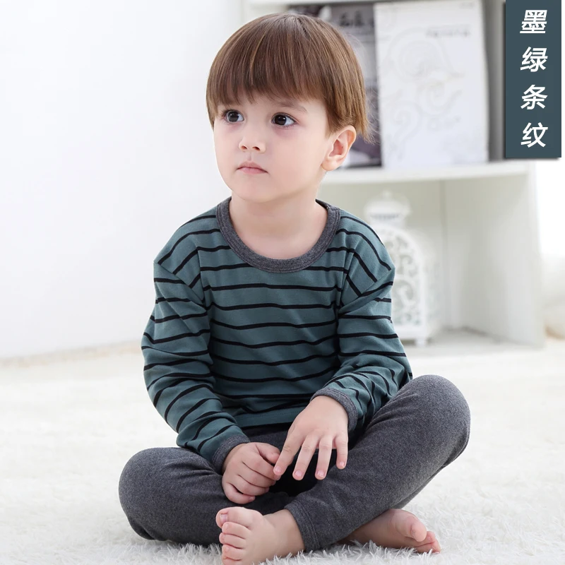 Dark Green Stripes Детские пижамы коллекция года, осенне-зимние хлопковые детские пижамы с круглым вырезом и рисунком, сохраняющие тепло, с длинными рукавами+ штаны, комплект из 2 предметов - Цвет: Dark Green Stripes