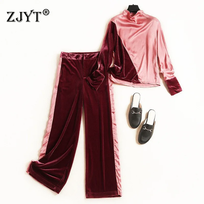 

Fashion Designer Autumn Winter Suit 2Piece Pants Set 2019 New Women Hit Color Velvet Top and Trousers Set Female Casual Twinset