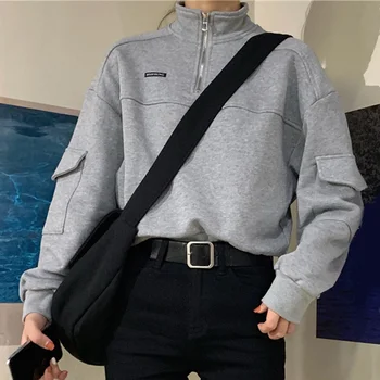

Women Short Sweatshirt Pullovers Zipper Pocket Letter Turtleneck Long Sleeve Ladies Sweatshirts 2020 Autumn Casual Female Tops