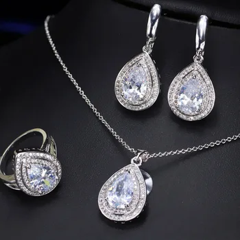 

Zlxgirl Romantic Trendy Set bridal Jewelry Water Drop CZ Wedding Jewelry Sets For Brides Silver-color Jewelry
