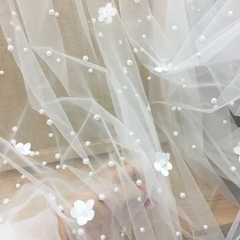 

3D blossom pearl beading tulle lace fabric in off white, bridal veil wedding gown lining gorgeous flower lace DIY 150cm wide