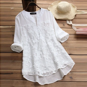 

2019 Women Blouse Tops Summer Top Casual Loose Long Sleeve Solid Lace V-neck Blouses Female shirt Blusa Plus Size