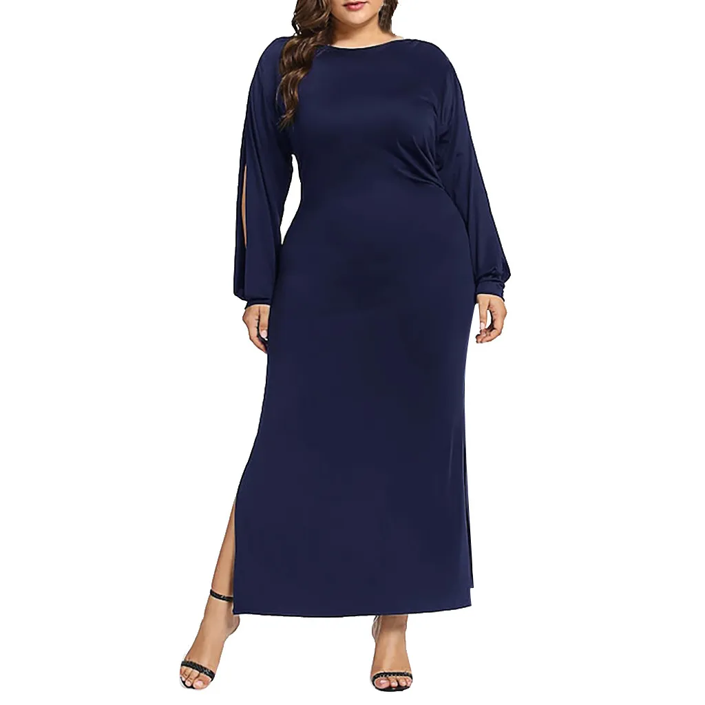 

2019 Classic Women Dress Sexy Hollw Out Plus Size Long Sleeve Solid O-Neck Split Maxi Dress vestidos de verano платье женское