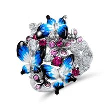 Стильные серебряные кольца с бабочкой, цирконием для женщин, синяя эмаль, микро проложенный Сияющий CZ темперамент, модное свадебное кольцо для невесты