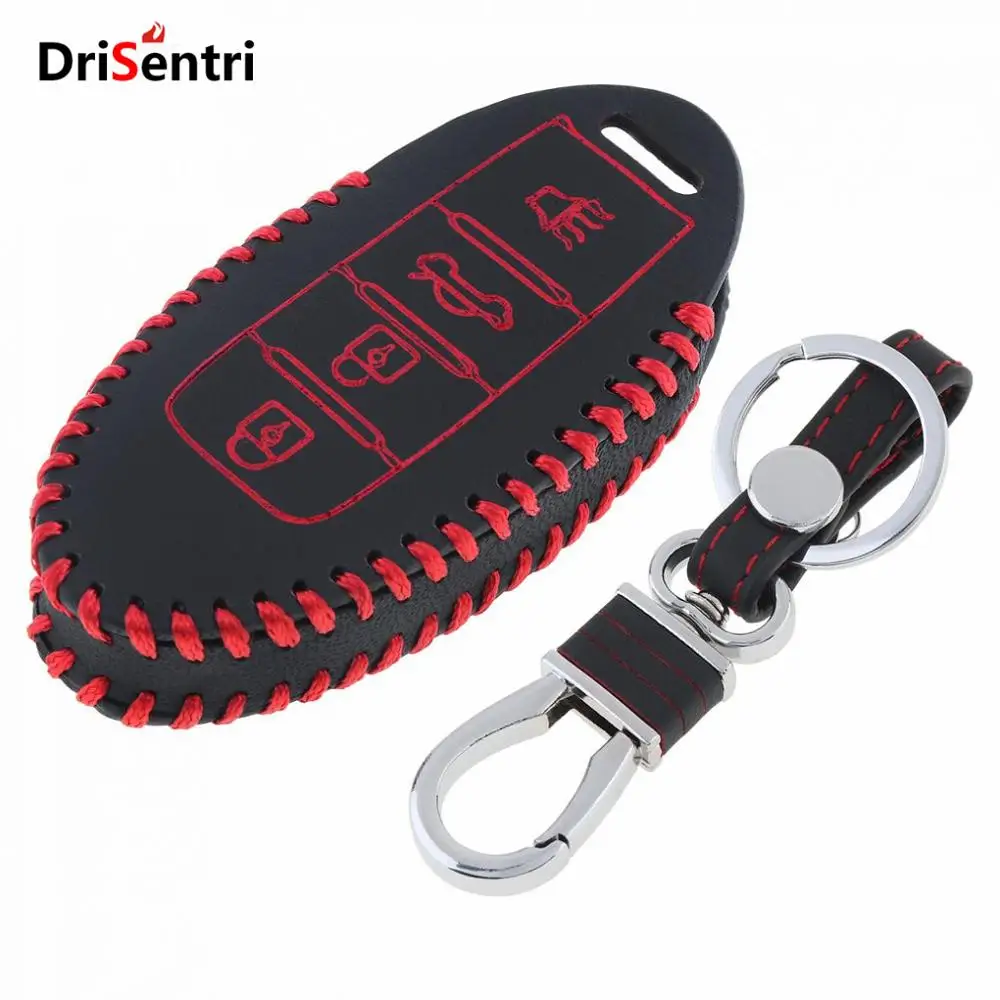 

4 Buttons Hand Sewed Leather Car Key Cover Protector Holder Hang Buckle for Nissan Tidda Livida X-Trail Qashqai Teana March