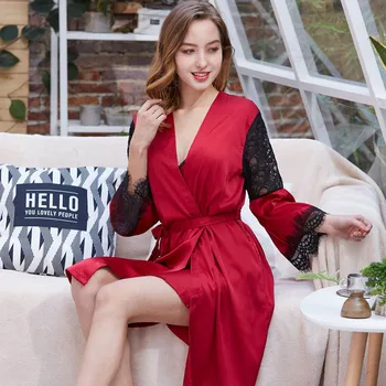 

V-neck Sexy Lace Women's Robe & Gown Set Pink Sleepwear Ice Silk Long Sleeve Sling Night Dress Thin Loose Bathrobe Home Service