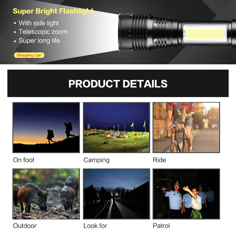 BRELONG Super Bright LED Flashlight, Waterproof Small Torch With Side Lights, 4 Lighting Modes, for Hiking, Camping Night Riding