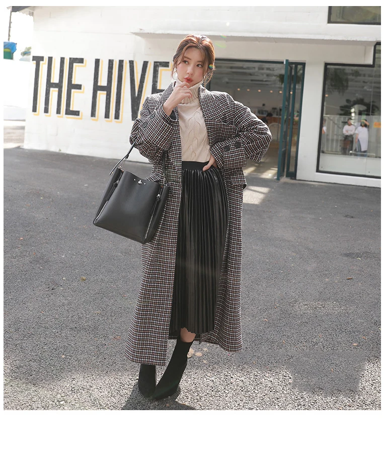 Plaid woolen coat double-breasted long autumn/winter women's jacket houndstooth falling shoulder long retro casual street coat
