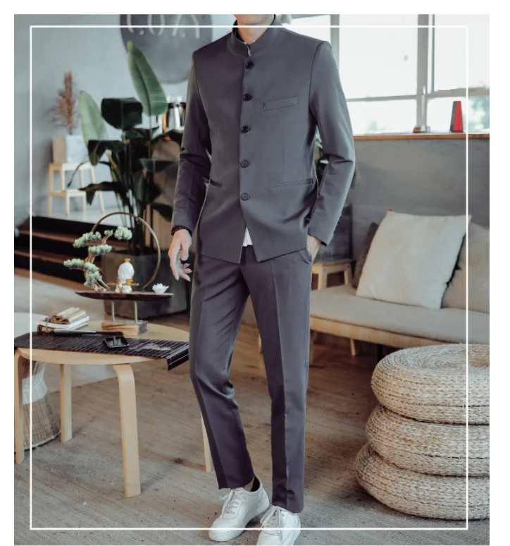 Чистый цвет мужской деловой костюм Slim Fit мужской костюм куртка и брюки Азиатский размер XL XXL XXXL 4XL модный воротник мужские свадебные костюмы