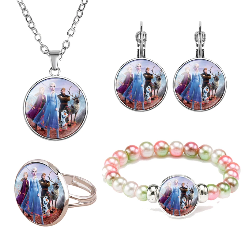 4pcs 4 шт., disney Frozen 2, Aishana, подарок на день рождения, сплав, стекло, для девочек, кольцо, ожерелье, браслет, серьги, вечерние, подарок, ювелирное изделие - Цвет: 4pcs