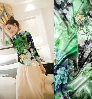 

High quality 93% silk 7% spandex green flower prinedt silk satin fabrics for dress shirt clothes scarf stretch silk fabric