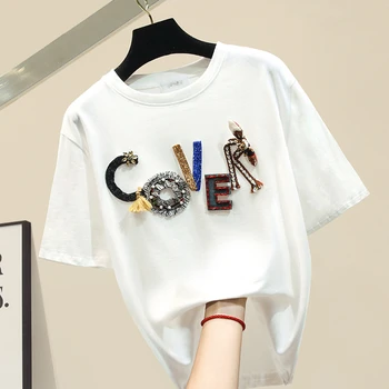 

Embroidery beading letters short sleeve t shirt women o-neck white tee shirt femme cotton loose basic tshirt 2020 summer tops