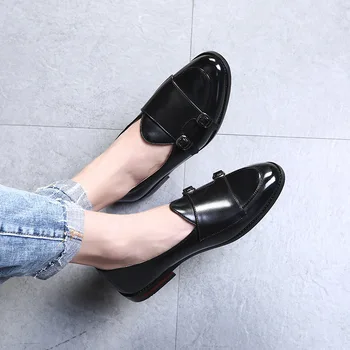 

2019 Big Size Men British Style Patchwork Buckle Decoration Flat Shoes Fashion High Quality Pointed Toe Loafer Shoes Men