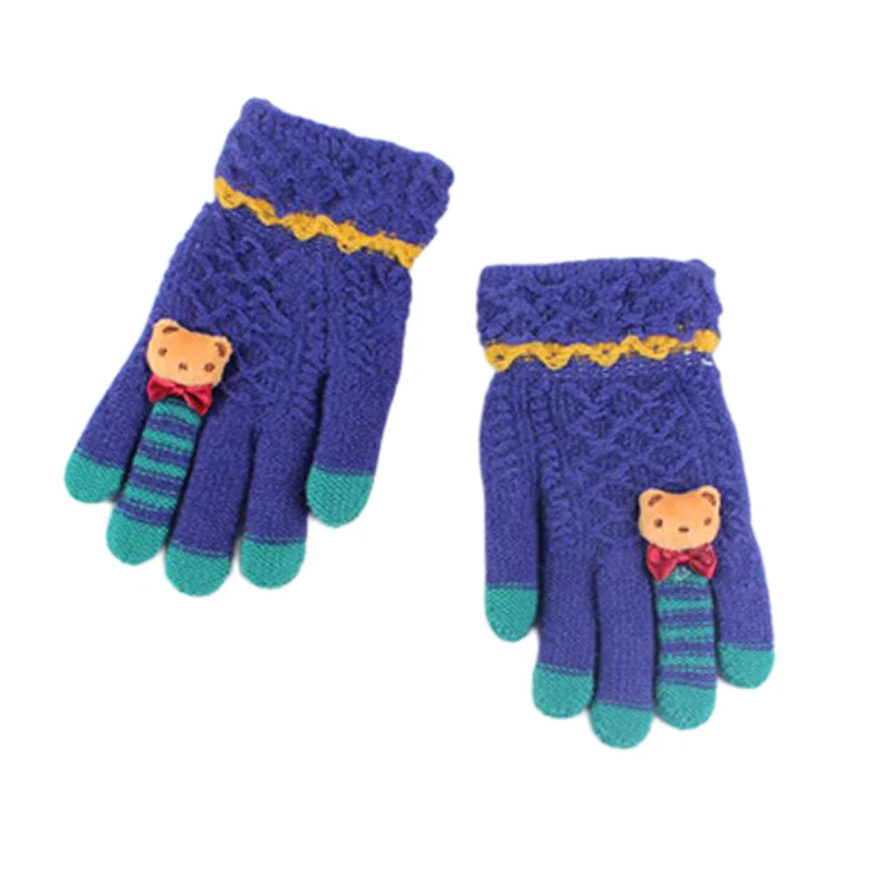 Зимние Детские перчатки, теплые вязаные перчатки, толстые варежки с рисунком медведя и бантиком для детей 5-10 лет