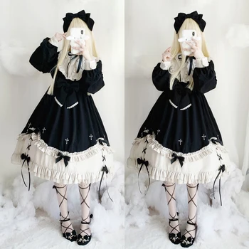 

Spring Dark Girl Gothic Vintage Cross Embroidery Lolita Vintage Fake Two Piece OP Dress Japanese Punk Soft Girl Cosplay Dress