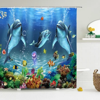 

Cartoon Ocean Dolphin Shower Curtain,Waterproof Bathroom Screen Sea Animal Shower Curtain Polyester High Quality Home Curtain