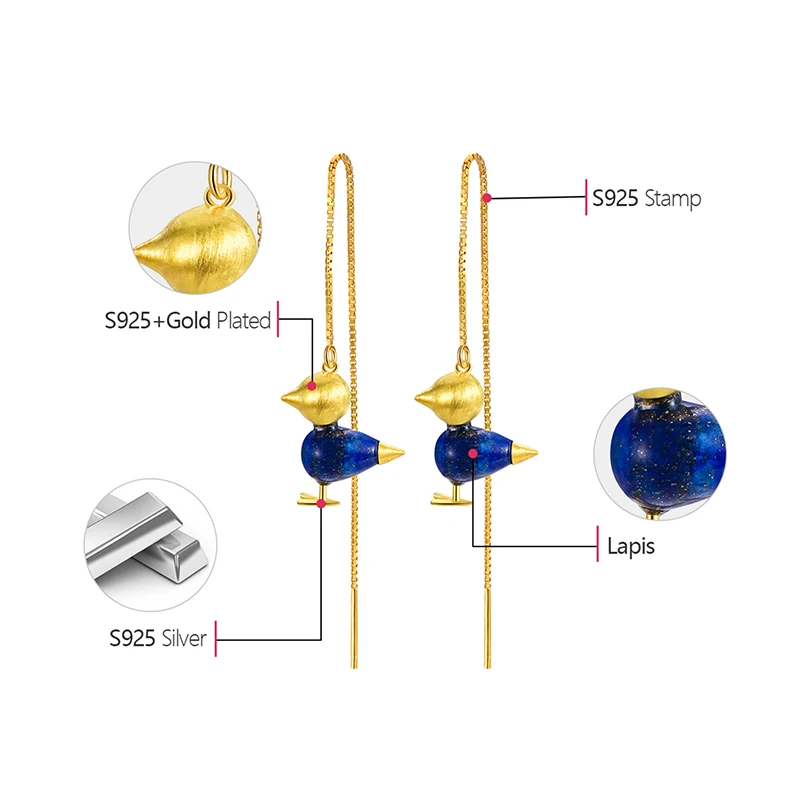 Lotus Fun реальные 925 пробы серебра, природных драгоценных камней ручной работы Fine Jewelry прекрасная птица простой подвесные Сережки для Для женщин