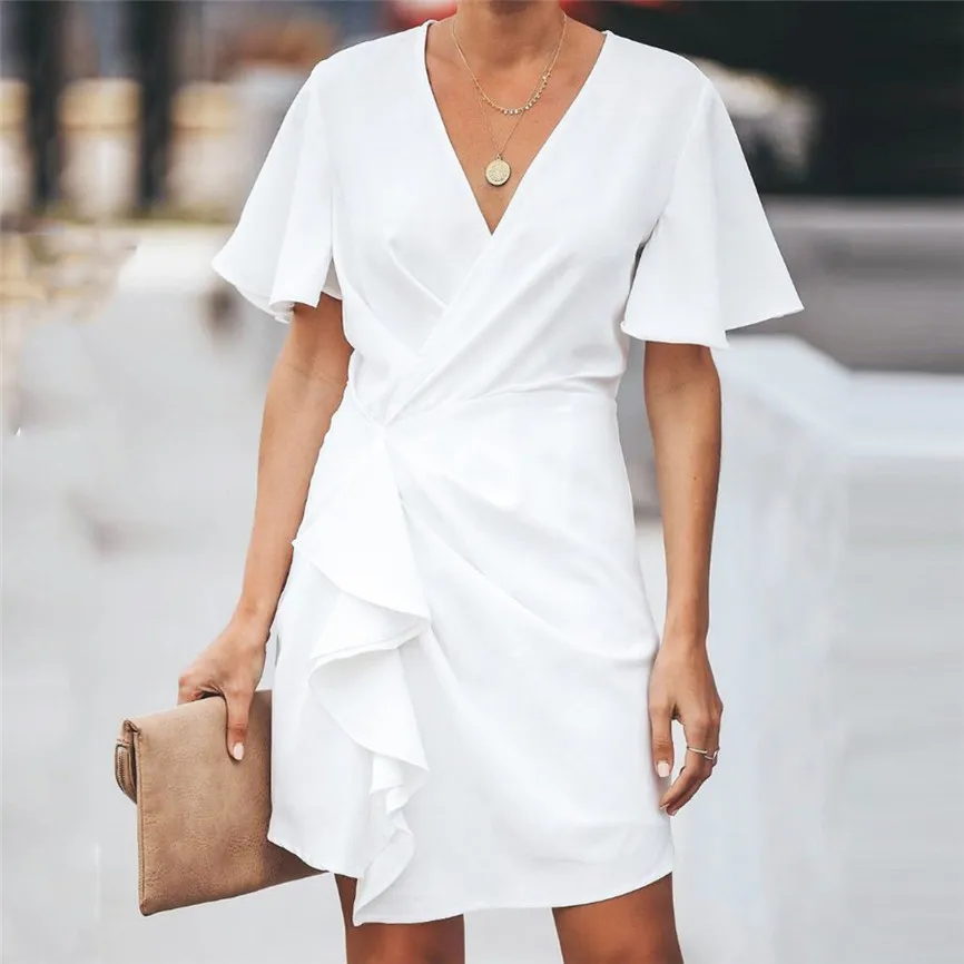 

Vestidos Verano 2019 Womens Plus Size Boho Fashion V Neck Short Sleeve White Ruffle Loose Summer Mini Party Mini Dresses 2019 Y5