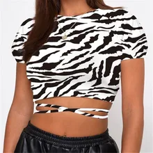 

CHYAOWU Zebra pattern Printed O-Neck Short-sleeve Casual Crop Top Women 2022 Summer Sexy Backless Lace-Up Skinny T-Shir Wholsae