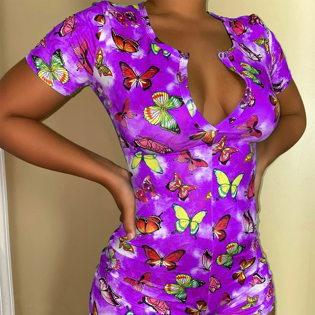 Button Butterfly Print Plus Size Short Sleeve Jumpesuit Women Bodycon Romper Sexy Female Club Streetwear Clothes Lady